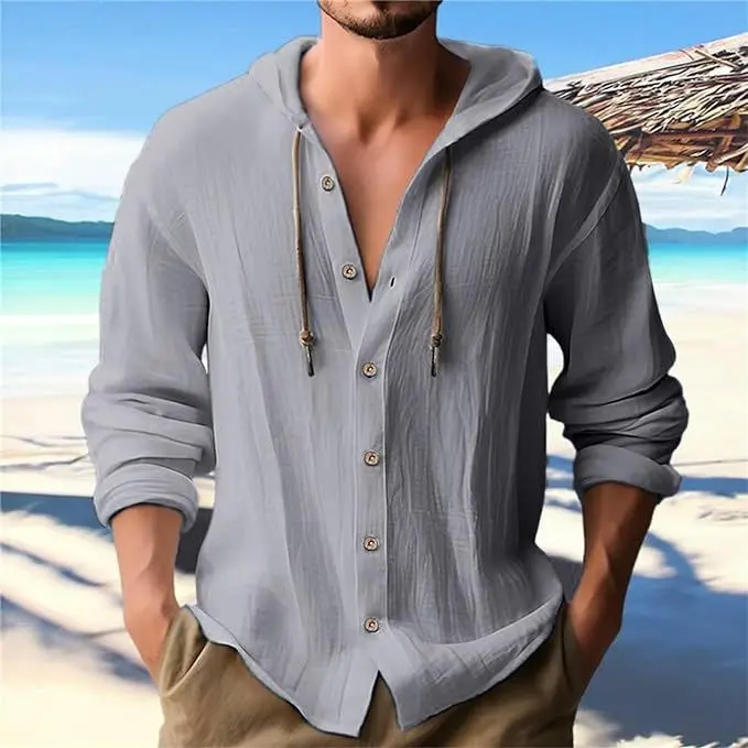 Men's Linen Long Sleeved Solid Color Beach Button Up Hooded T-shirt Pure Casual Outdoor Spring and Summer Clothing