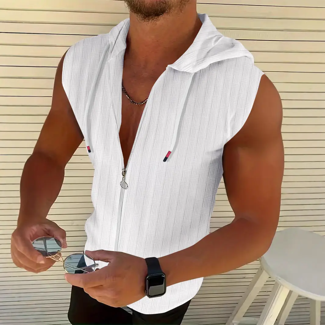 Summer Men's Jacquard Stripe Zip-Up Sleeveless Hoodie Breathable Mesh Vest Casual Streetwear T-Shirt Top for Gym Beach