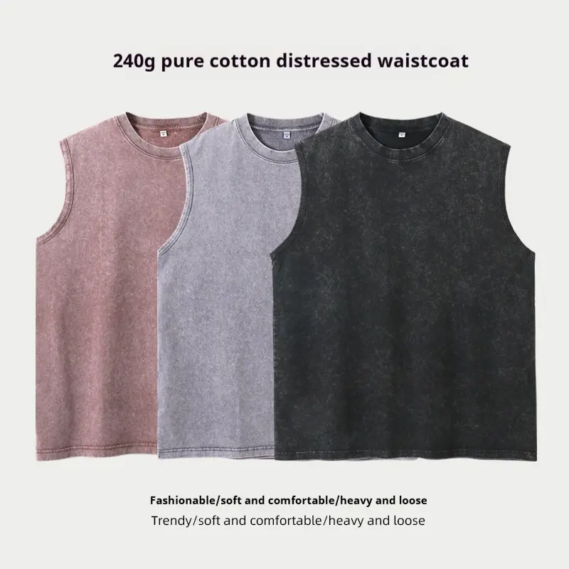 American Retro Washed Cotton Heavyweight Vest Men's Street Drop Shoulder Sleeveless T-shirt Vintage Loose Breathable T-shirt