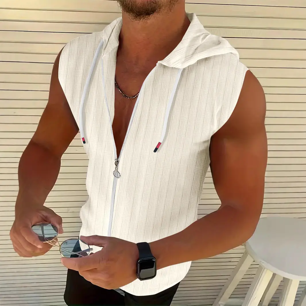 Summer Men's Jacquard Stripe Zip-Up Sleeveless Hoodie Breathable Mesh Vest Casual Streetwear T-Shirt Top for Gym Beach