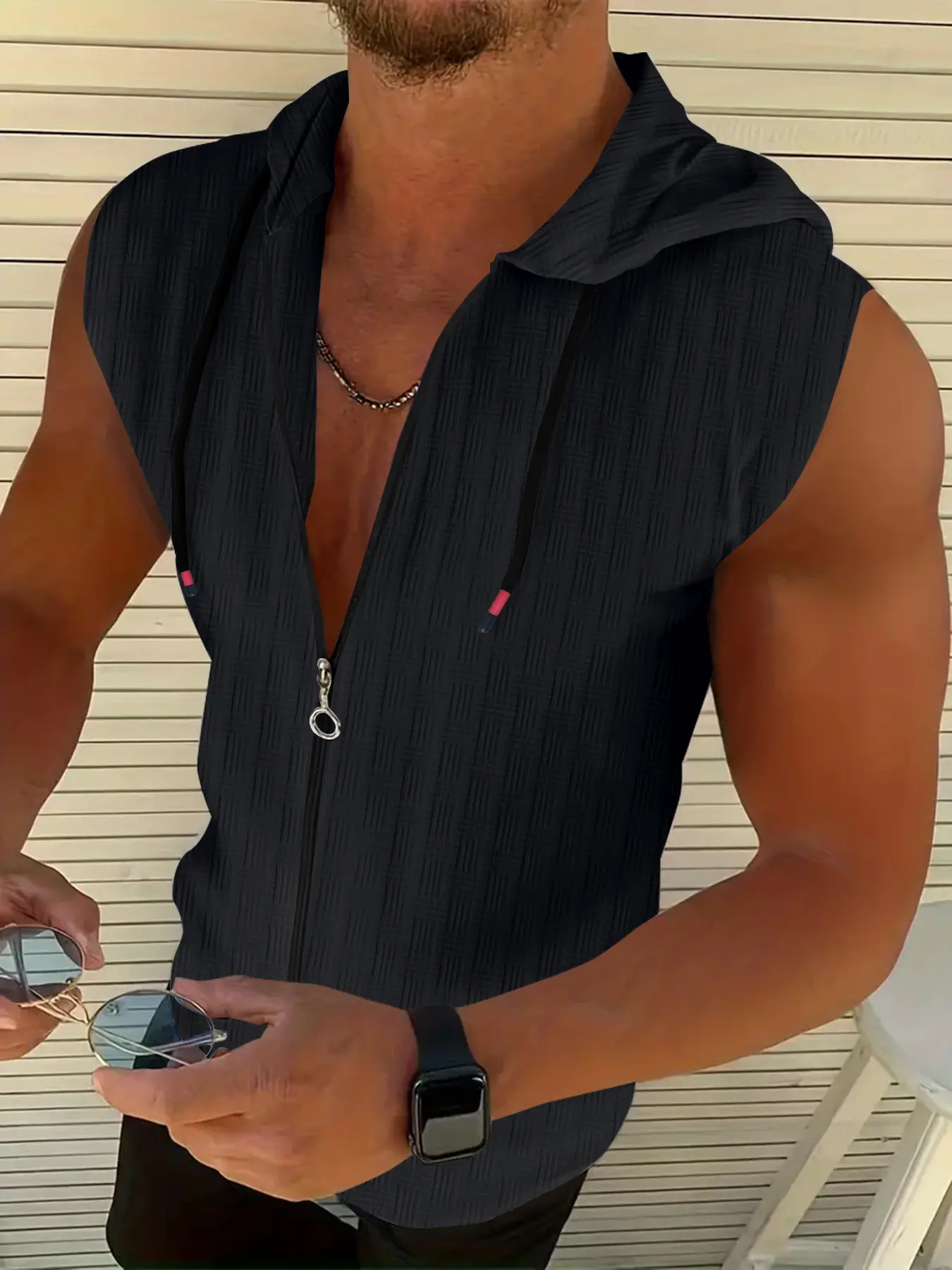 Summer Men's Jacquard Stripe Zip-Up Sleeveless Hoodie Breathable Mesh Vest Casual Streetwear T-Shirt Top for Gym Beach