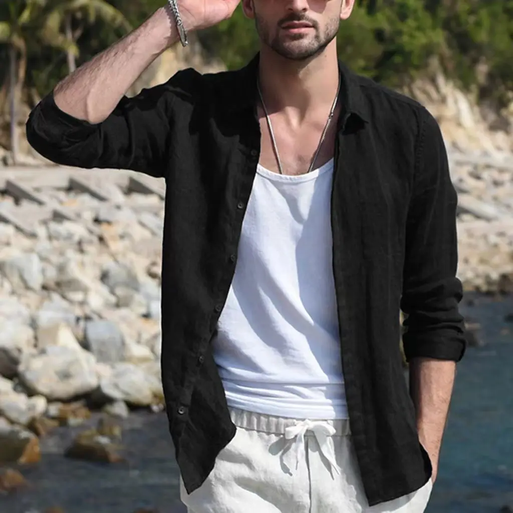 Men's Casual Long Sleeve Cotton Shirt Solid Color Open Front Button Down Shirt for Men Breathable Loungewear Business Casual Top