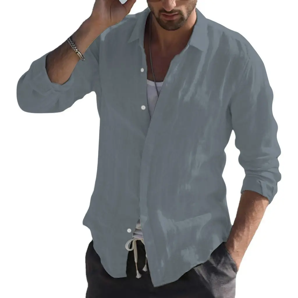 Men's Casual Long Sleeve Cotton Shirt Solid Color Open Front Button Down Shirt for Men Breathable Loungewear Business Casual Top
