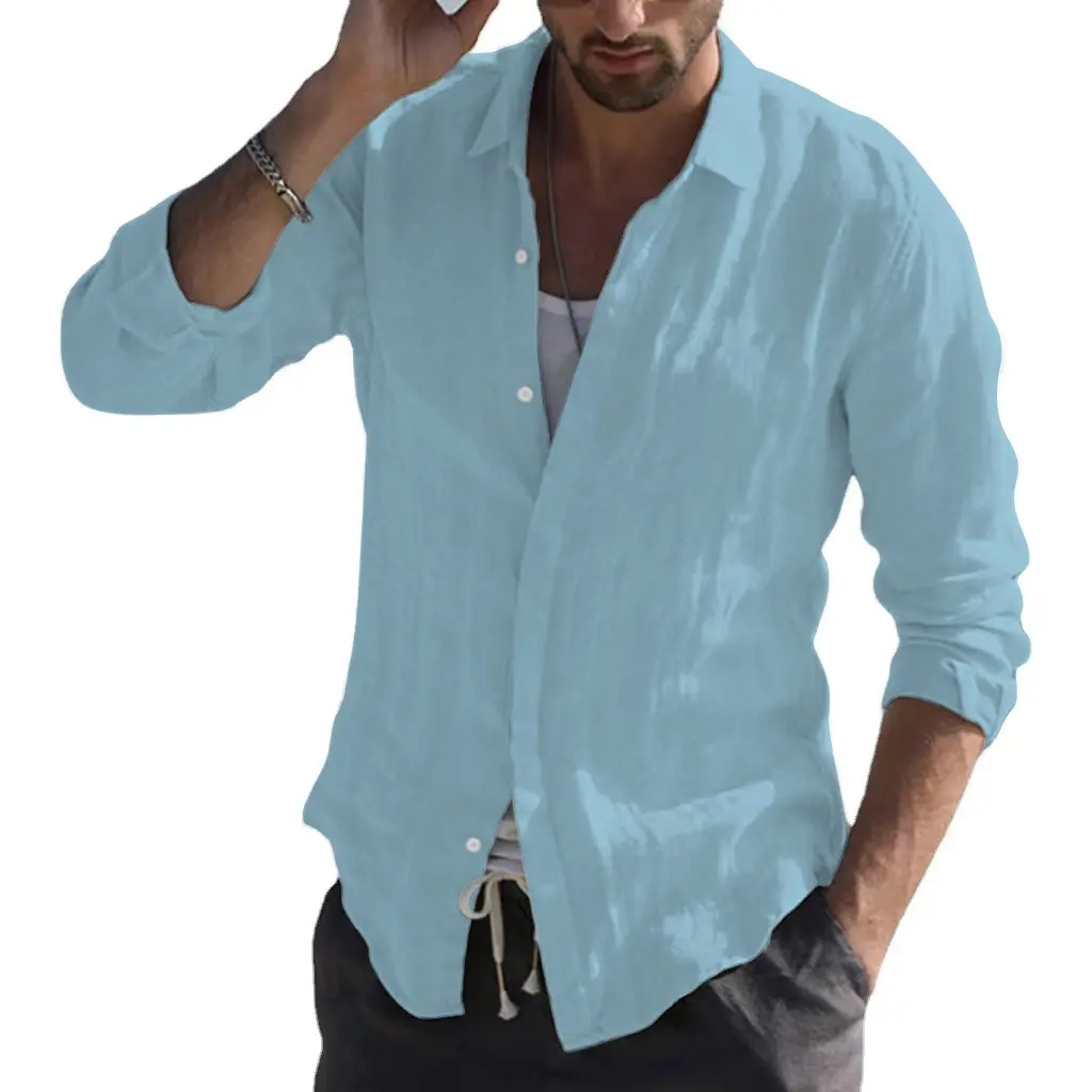 Men's Casual Long Sleeve Cotton Shirt Solid Color Open Front Button Down Shirt for Men Breathable Loungewear Business Casual Top