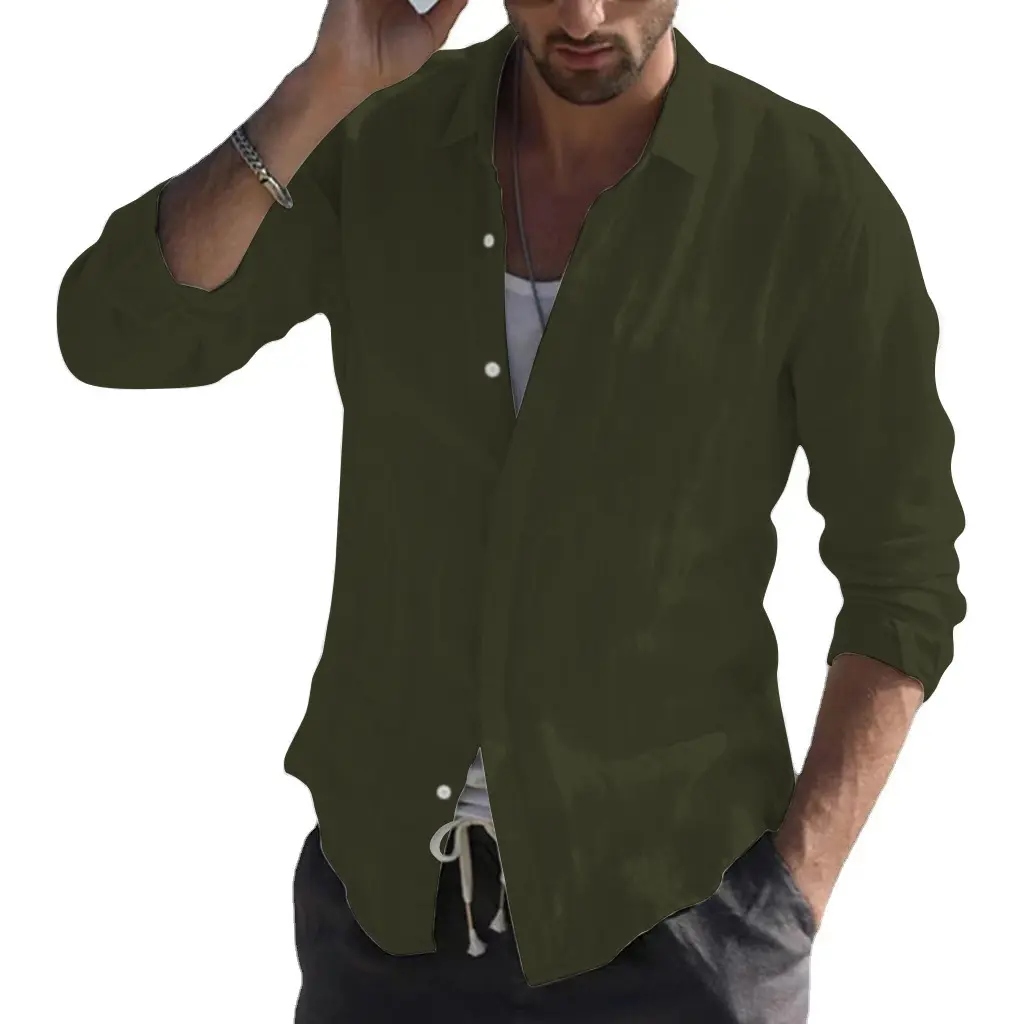 Men's Casual Long Sleeve Cotton Shirt Solid Color Open Front Button Down Shirt for Men Breathable Loungewear Business Casual Top
