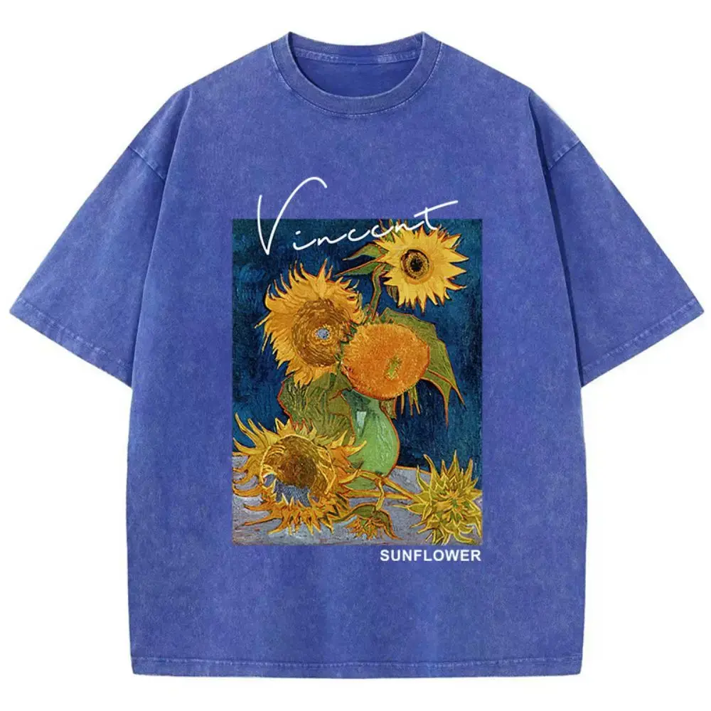 Casual Womens Cotton Washed T-Shirts Van Gogh Sunflower Printing Short Sleeve O-Neck Breathable Soft Tops Fashion Men Clothes