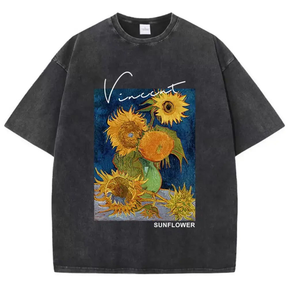 Casual Womens Cotton Washed T-Shirts Van Gogh Sunflower Printing Short Sleeve O-Neck Breathable Soft Tops Fashion Men Clothes