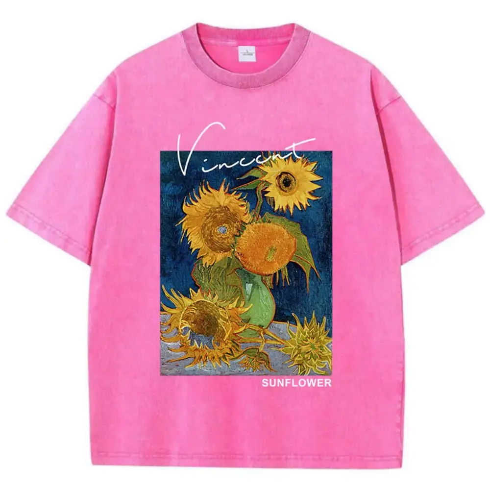 Casual Womens Cotton Washed T-Shirts Van Gogh Sunflower Printing Short Sleeve O-Neck Breathable Soft Tops Fashion Men Clothes