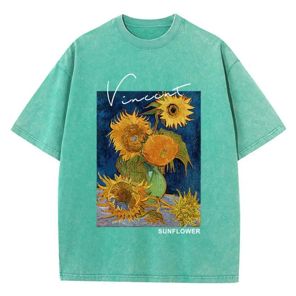 Casual Womens Cotton Washed T-Shirts Van Gogh Sunflower Printing Short Sleeve O-Neck Breathable Soft Tops Fashion Men Clothes
