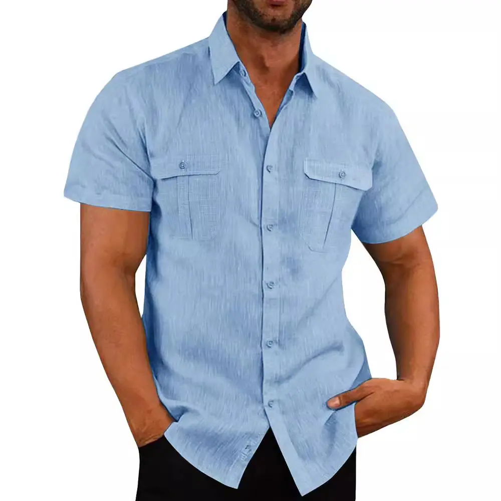 Shirts for Men Handmade Shirt Man Double Pocket Shirt Short Sleeve Men Shirt Linen Shirts for Men Men Cotton Shirt Short Sleeve