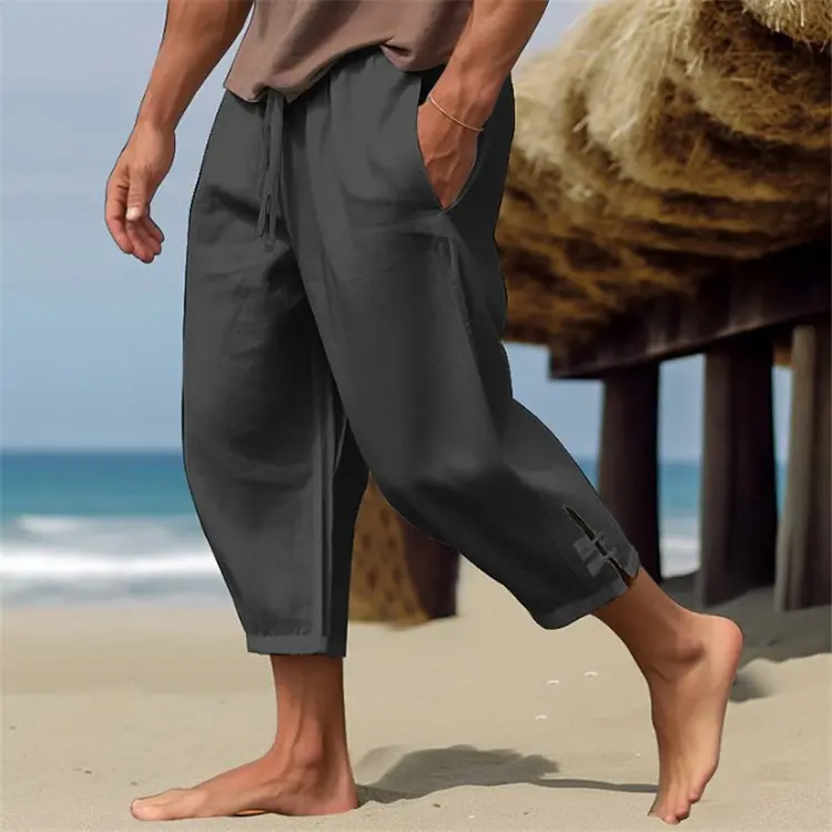 Men's Linen Pants Summer Pants Beach Pants Spring Elastic Waistband Comfortable and Breathable Calf Captcha Pants