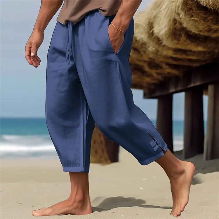 Men's Linen Pants Summer Pants Beach Pants Spring Elastic Waistband Comfortable and Breathable Calf Captcha Pants