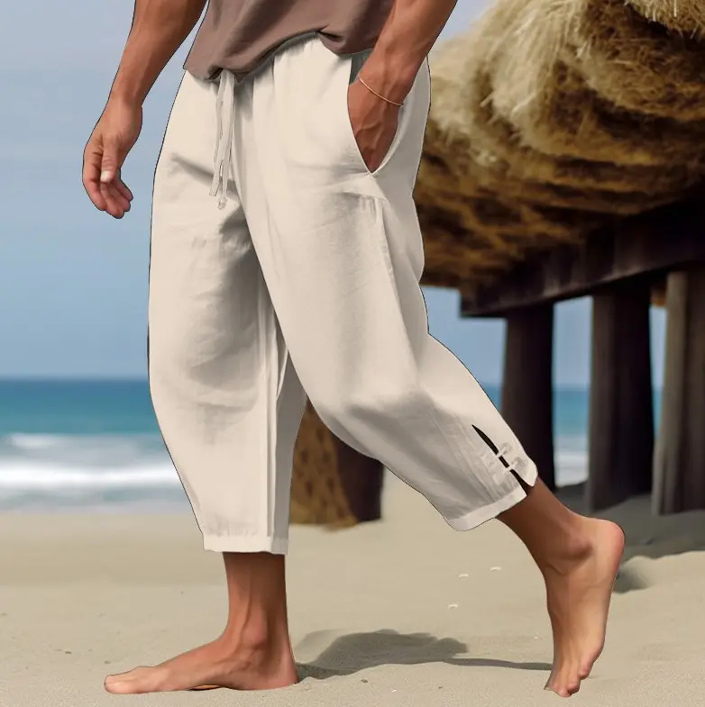 Men's Linen Pants Summer Pants Beach Pants Spring Elastic Waistband Comfortable and Breathable Calf Captcha Pants