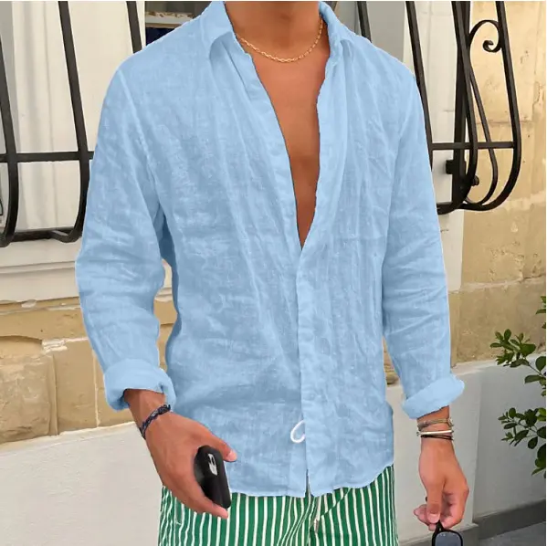 Breathable and Comfortable Pure Cotton Long Sleeved Shirt Summer Thin Cut Lapel Solid Color Versatile Beach Shirt