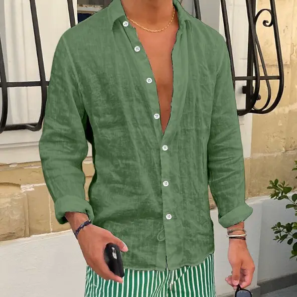 Breathable and Comfortable Pure Cotton Long Sleeved Shirt Summer Thin Cut Lapel Solid Color Versatile Beach Shirt