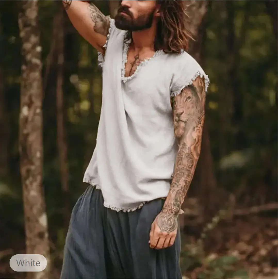 Summer New Men's Retro Cotton Loose Vest Shirt with Three-dimensional Cut, Breathable and Casual Sleeveless Top