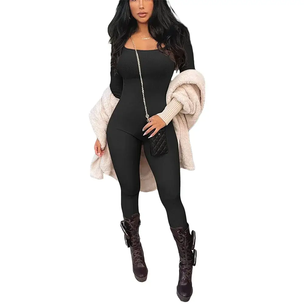 Women Skinny Jumpsuit Solid Color Ribbed Knit Long Sleeve Square Neck Bodycon Jumpsuit Romper Work Out Sport Yoga Playsuits