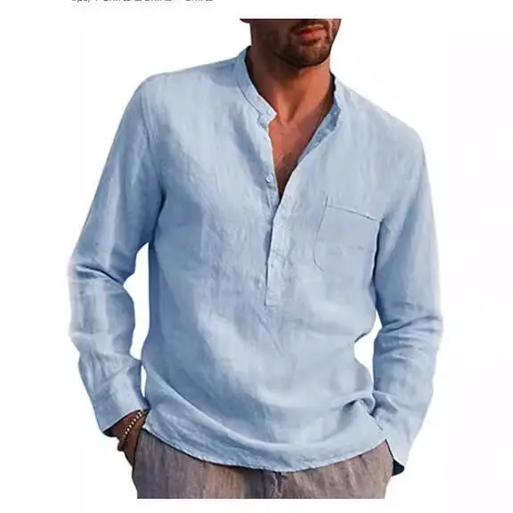 2025 Summer Hot Selling Men's Linen V-neck Long Sleeved Shirt Breathable Casual Beachwear, Business Casual Men's Clothing