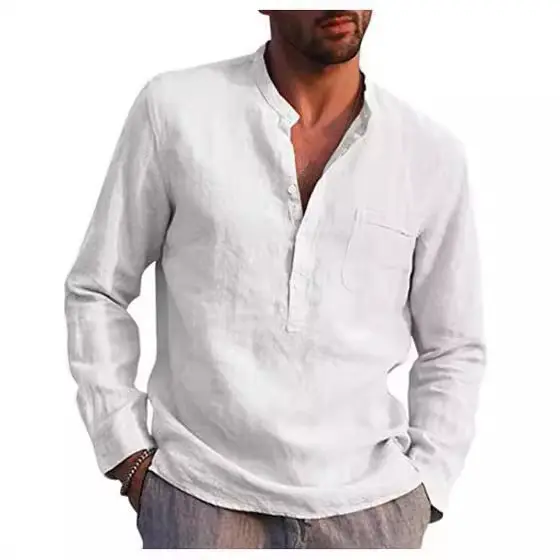 2025 Summer Hot Selling Men's Linen V-neck Long Sleeved Shirt Breathable Casual Beachwear, Business Casual Men's Clothing