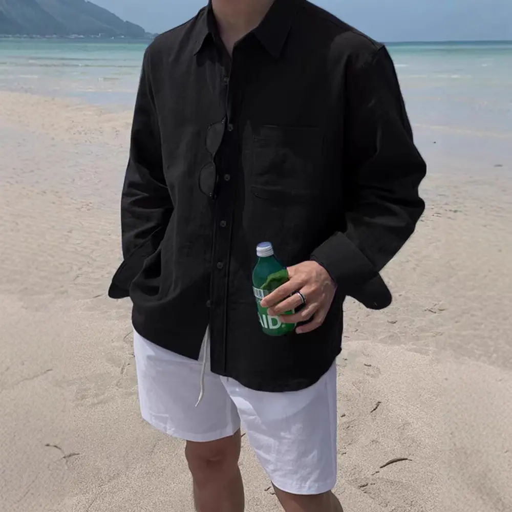 Men's Cotton Linen Long Sleeved Shirt Thin Breathable Workwear Cardigan Sunscreen Lapel Linen Shirt Loose Casual Trendy Brand