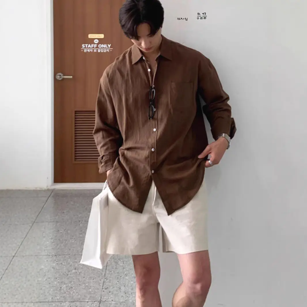 Men's Cotton Linen Long Sleeved Shirt Thin Breathable Workwear Cardigan Sunscreen Lapel Linen Shirt Loose Casual Trendy Brand