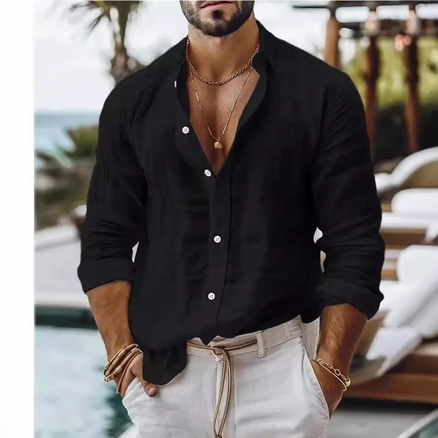 Men's Solid Color Cotton Linen Blend Breathable Sweat Absorbing Easy to Maintain Long Sleeved Shirt Business Casual Slim Fit