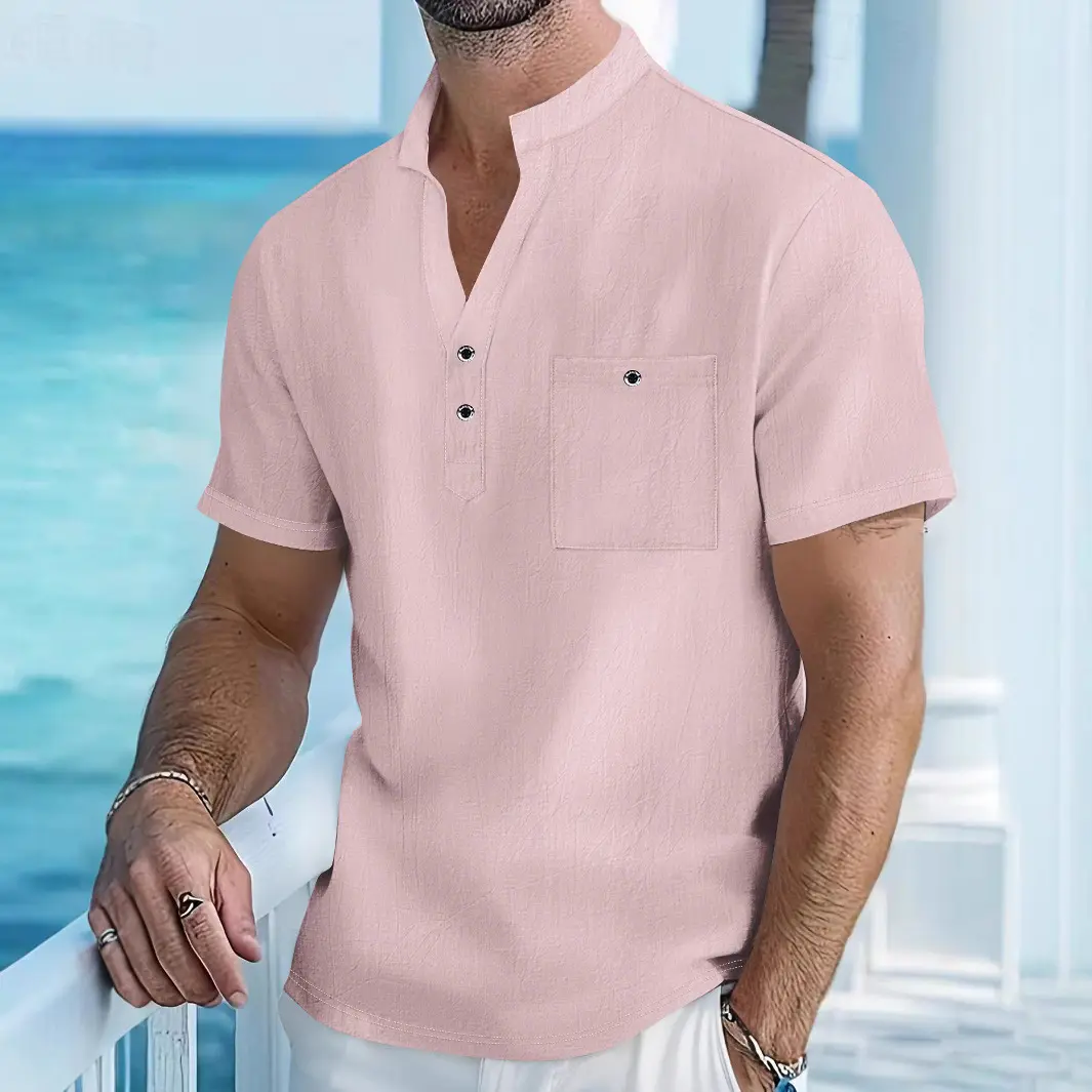 Summer Men's Cotton and Linen Shirt Casual Short Sleeved Stand Up Collar Top Breathable Loose Men's Fashionable Streetwear
