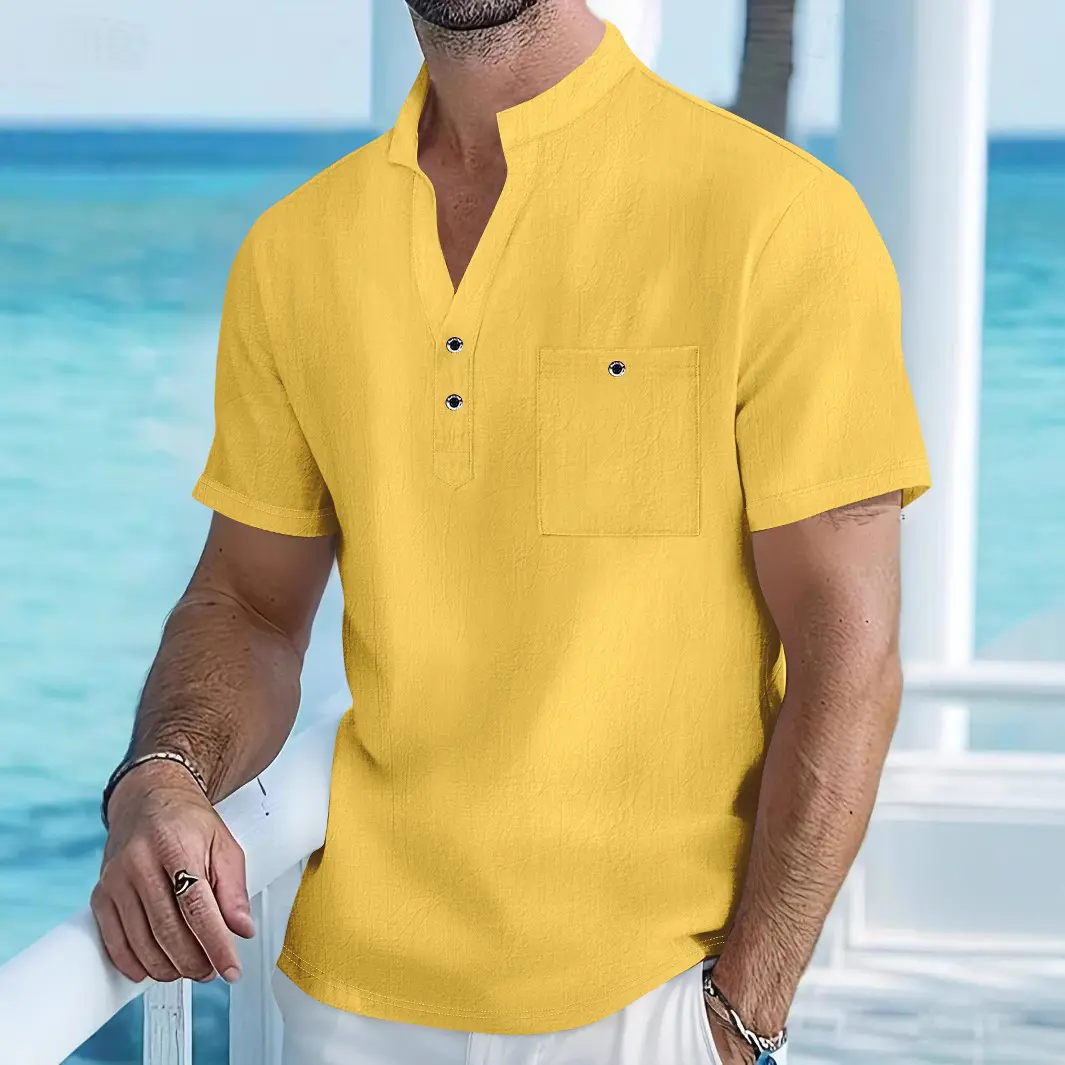 Summer Men's Cotton and Linen Shirt Casual Short Sleeved Stand Up Collar Top Breathable Loose Men's Fashionable Streetwear