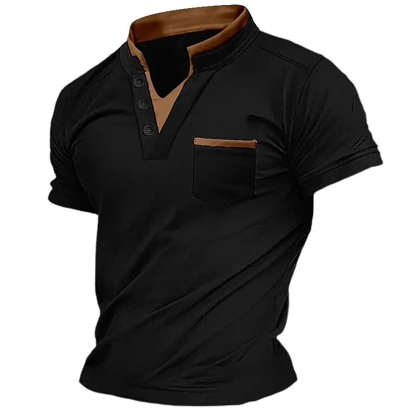 New European and American Men's Short Sleeved Henry Shirt T-shirt Stand Collar Outdoor Sports Daily Fashion T-shirt