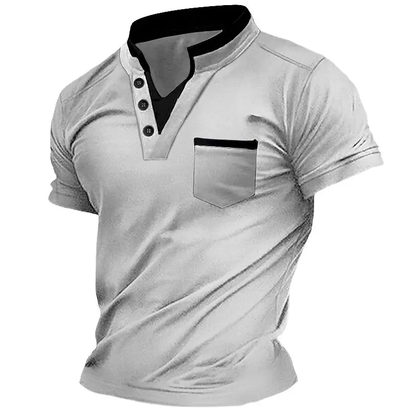 New European and American Men's Short Sleeved Henry Shirt T-shirt Stand Collar Outdoor Sports Daily Fashion T-shirt