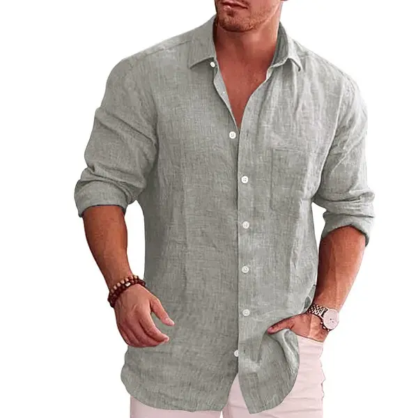 2025 new men's linen shirt loose plus size business casual long sleeved shirt breathable lapel quick drying plus size shirt