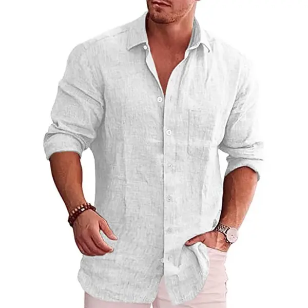 2025 new men's linen shirt loose plus size business casual long sleeved shirt breathable lapel quick drying plus size shirt
