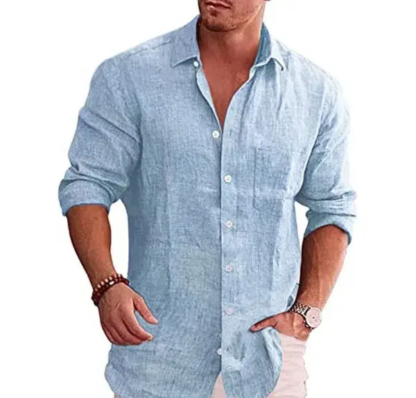 2025 new men's linen shirt loose plus size business casual long sleeved shirt breathable lapel quick drying plus size shirt