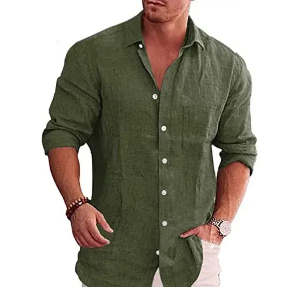 2025 new men's linen shirt loose plus size business casual long sleeved shirt breathable lapel quick drying plus size shirt
