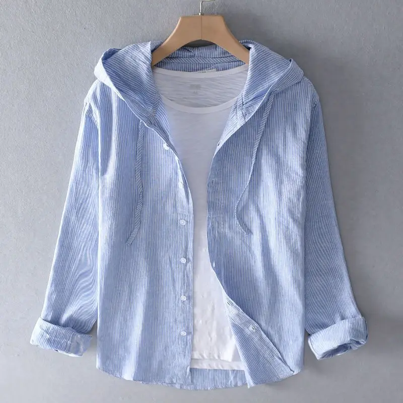 Hot Selling IL6 Men's Linen Shirt Summer Casual Hooded Long Sleeved Shirt Lightweight Cotton Linen Breathable Sunscreen Top