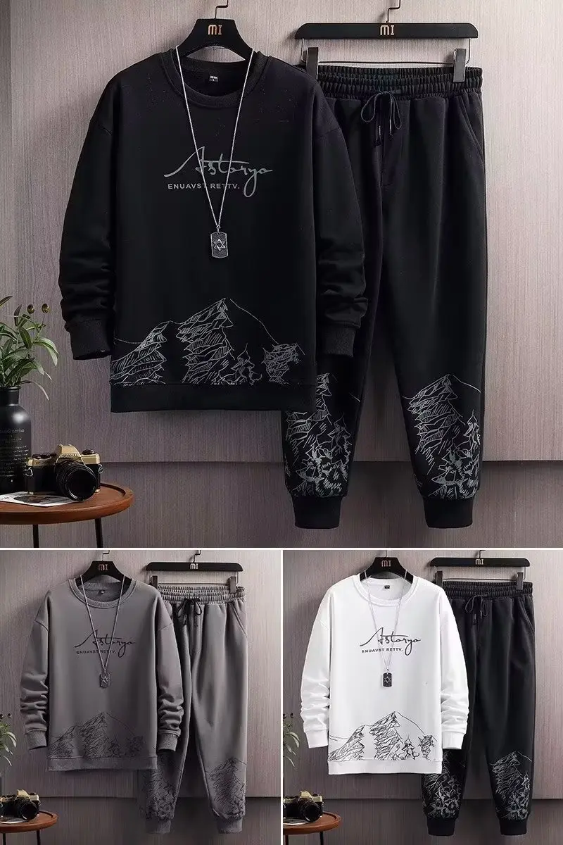 Men's Trendy Sportswear Set for Autumn and Winter, Men's Warm Round Neck Hoodie, Loose and Handsome Korean Casual Men's Suit