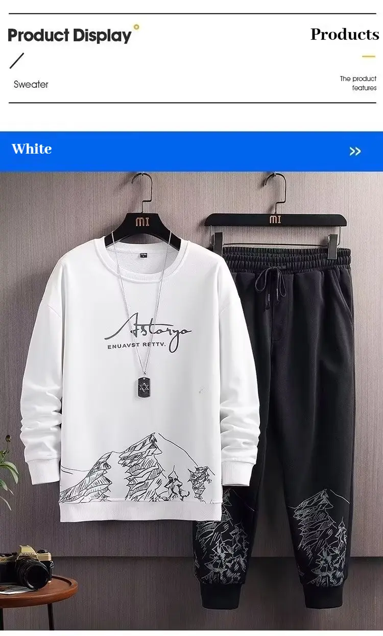 Men's Trendy Sportswear Set for Autumn and Winter, Men's Warm Round Neck Hoodie, Loose and Handsome Korean Casual Men's Suit