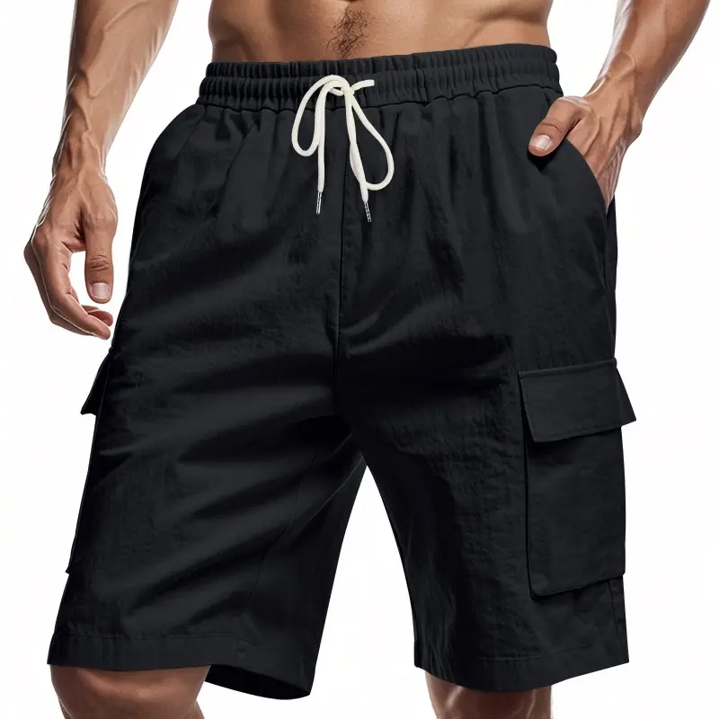 Hot Selling New Workwear Shorts for Men Sporty Casual Comfortable Loose Solid Color Linen Drawstring Five Quarter Pants Beach