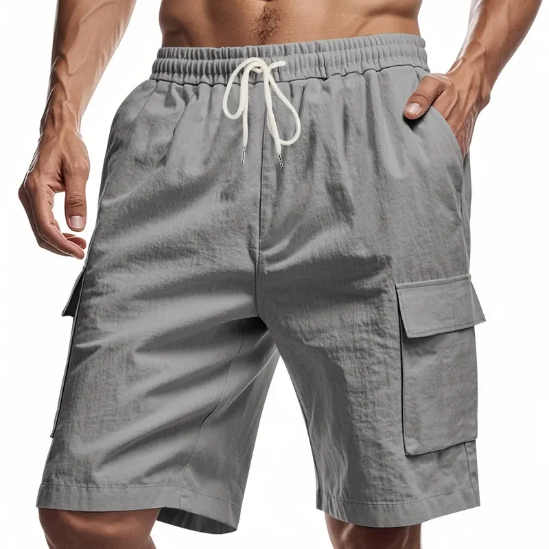 Hot Selling New Workwear Shorts for Men Sporty Casual Comfortable Loose Solid Color Linen Drawstring Five Quarter Pants Beach