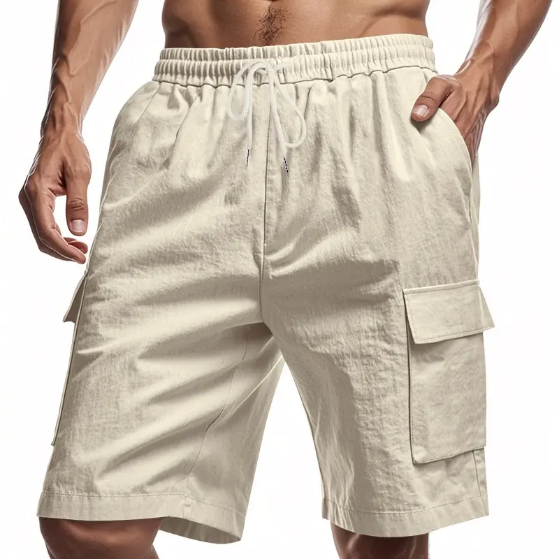 Hot Selling New Workwear Shorts for Men Sporty Casual Comfortable Loose Solid Color Linen Drawstring Five Quarter Pants Beach