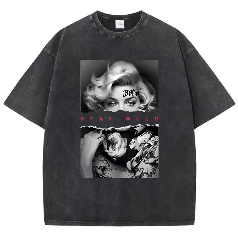 Woman Cotton Washed T-Shirts All-Math Loose O-Neck Short Sleeve European Style Fashion Portrait Print Tops Summer Men Clothes