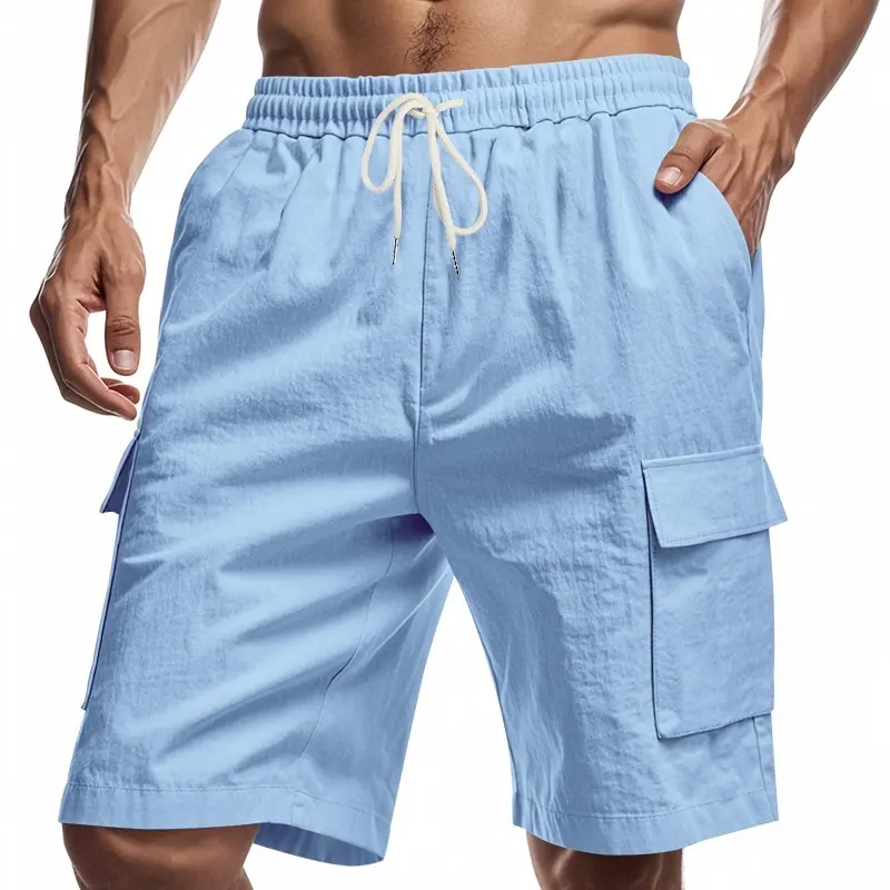 Hot Selling New Workwear Shorts for Men Sporty Casual Comfortable Loose Solid Color Linen Drawstring Five Quarter Pants Beach