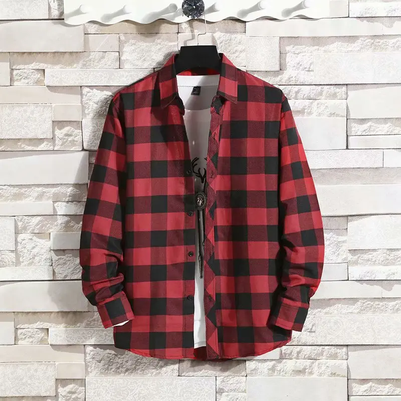 Men's Solid Color Plus Grid Long Sleeved Top Men's Trendy Slim Fit Casual Jacket Men's Fashionable Versatile Shirt