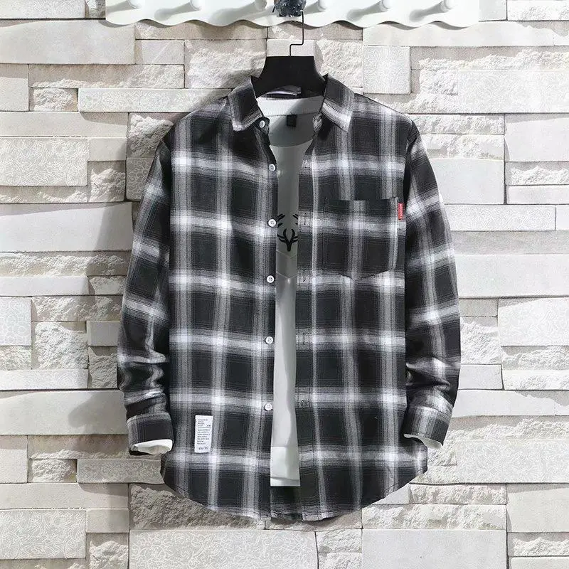 Men's Solid Color Plus Grid Long Sleeved Top Men's Trendy Slim Fit Casual Jacket Men's Fashionable Versatile Shirt