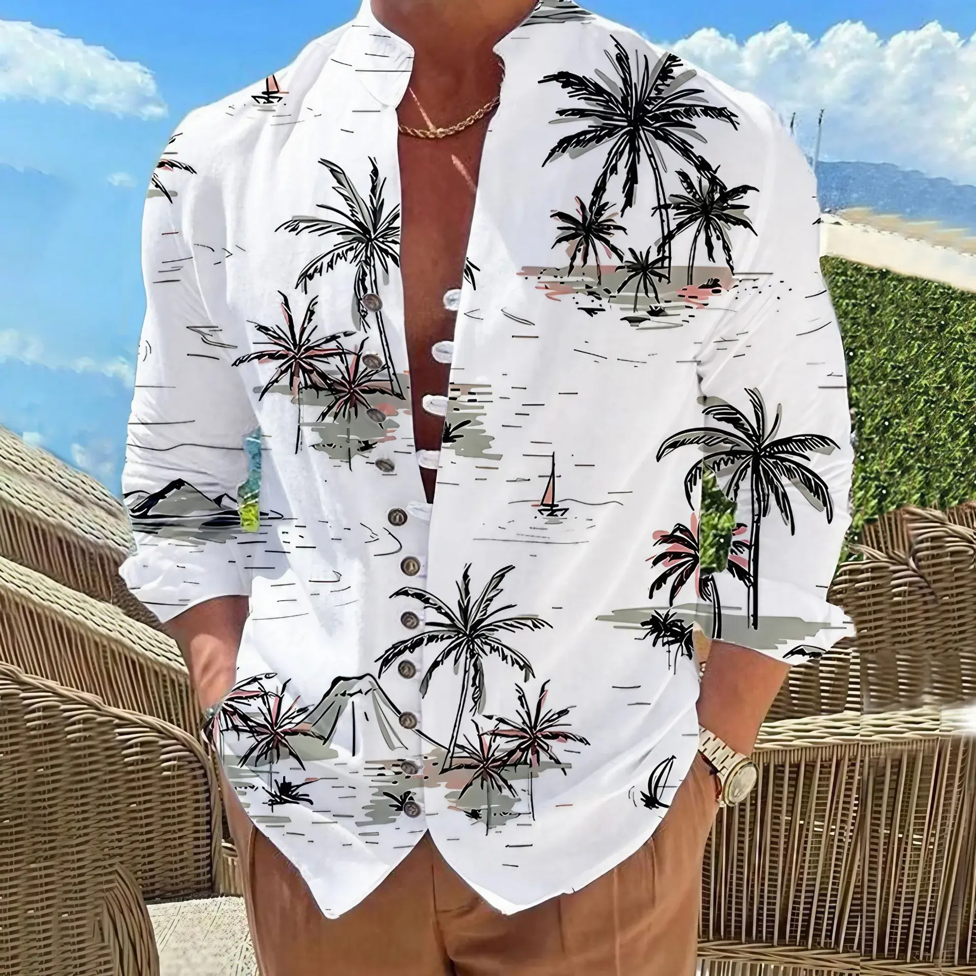 Men Linen Shirts New Casual Print Button Long Sleeve Shirt Fashion Stand Up Collar Loose Men's Shirts Streetwear Casual Beach