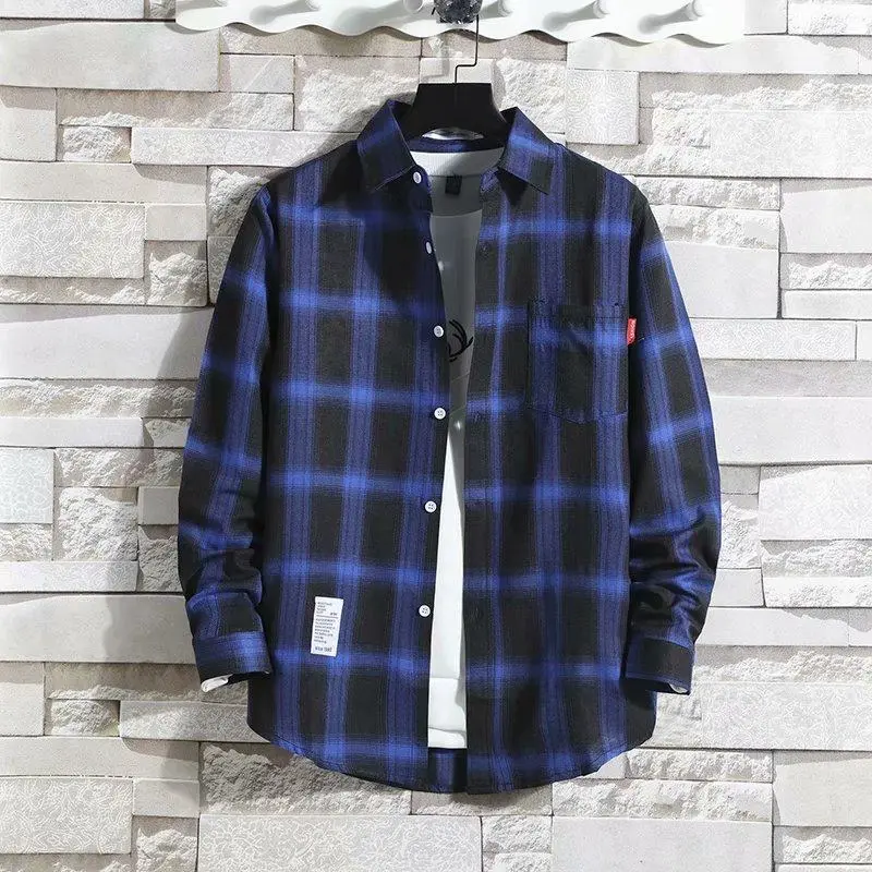 Men's Solid Color Plus Grid Long Sleeved Top Men's Trendy Slim Fit Casual Jacket Men's Fashionable Versatile Shirt