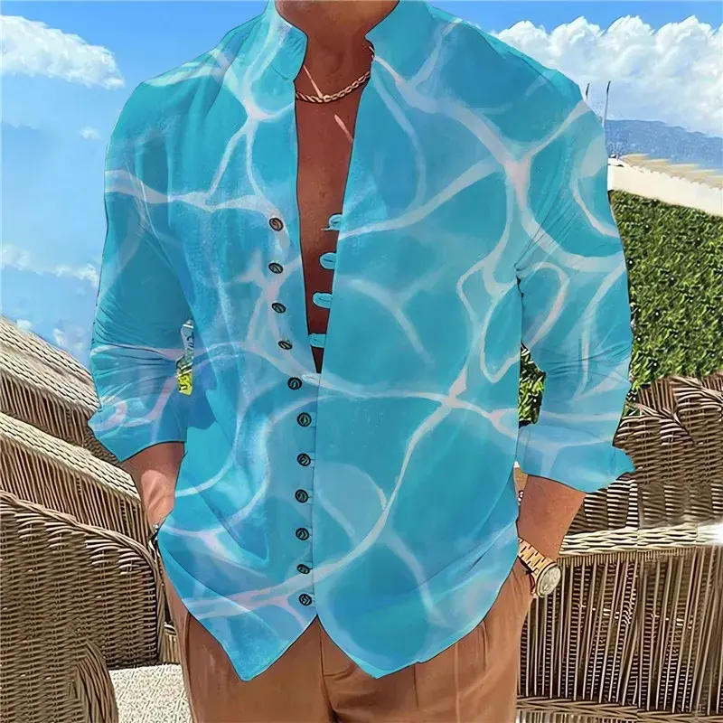 Men Linen Shirts New Casual Print Button Long Sleeve Shirt Fashion Stand Up Collar Loose Men's Shirts Streetwear Casual Beach