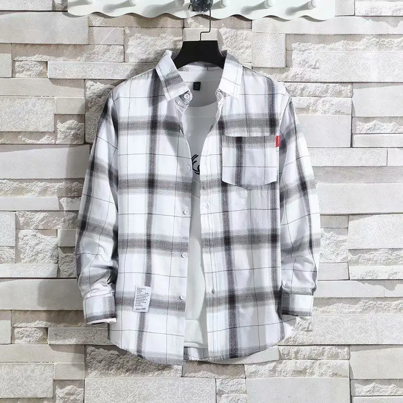 Men's Solid Color Plus Grid Long Sleeved Top Men's Trendy Slim Fit Casual Jacket Men's Fashionable Versatile Shirt
