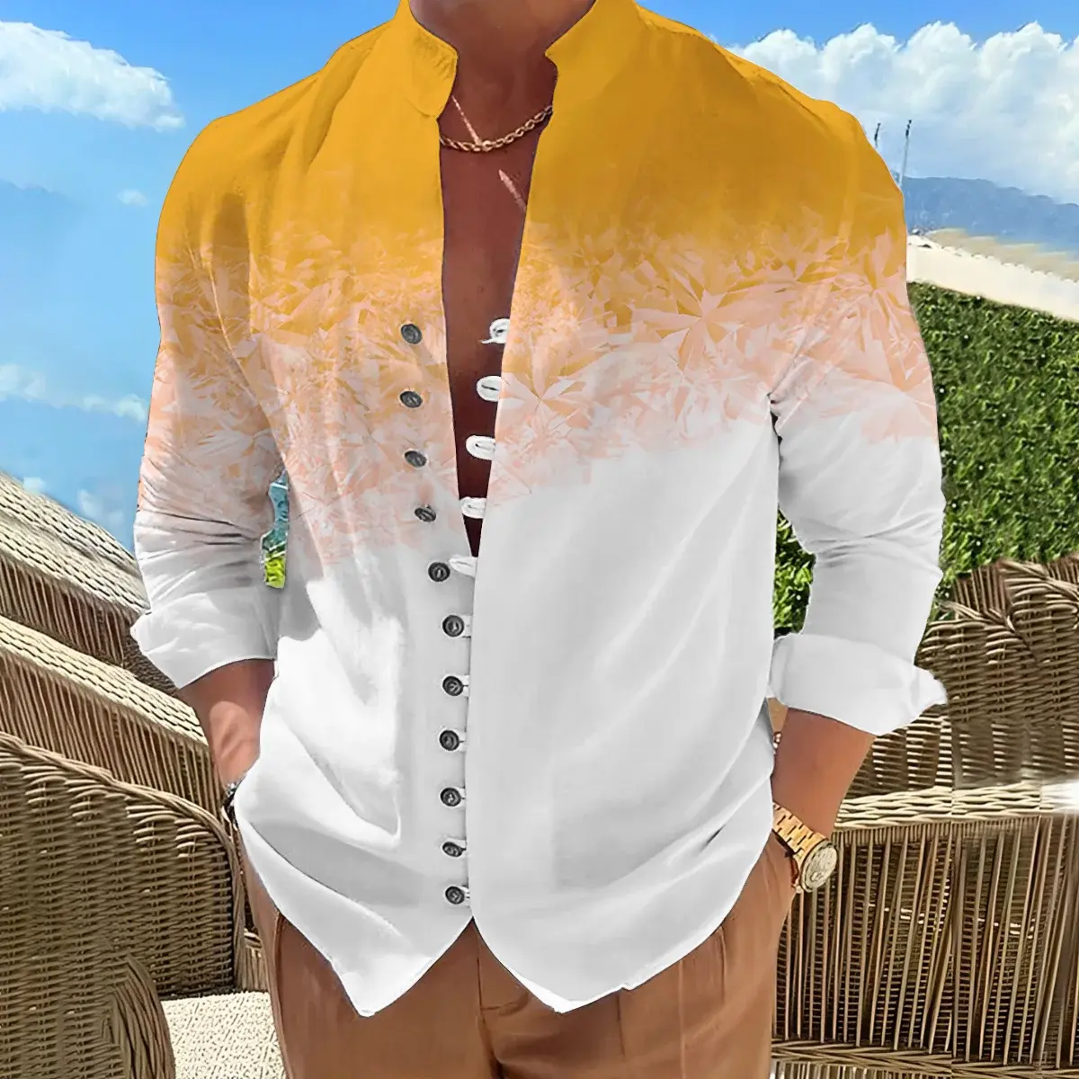 Men Linen Shirts New Casual Print Button Long Sleeve Shirt Fashion Stand Up Collar Loose Men's Shirts Streetwear Casual Beach