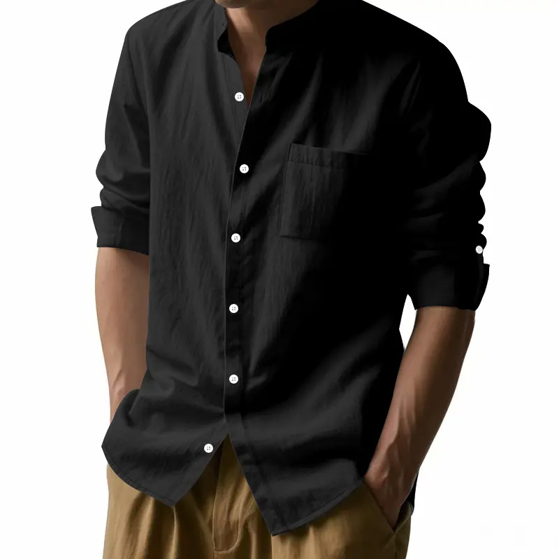 2025 Spring and Autumn Fashion Comfortable Commuting Linen Shirt Long Sleeve Stand Collar Breathable Casual Shirt for Men